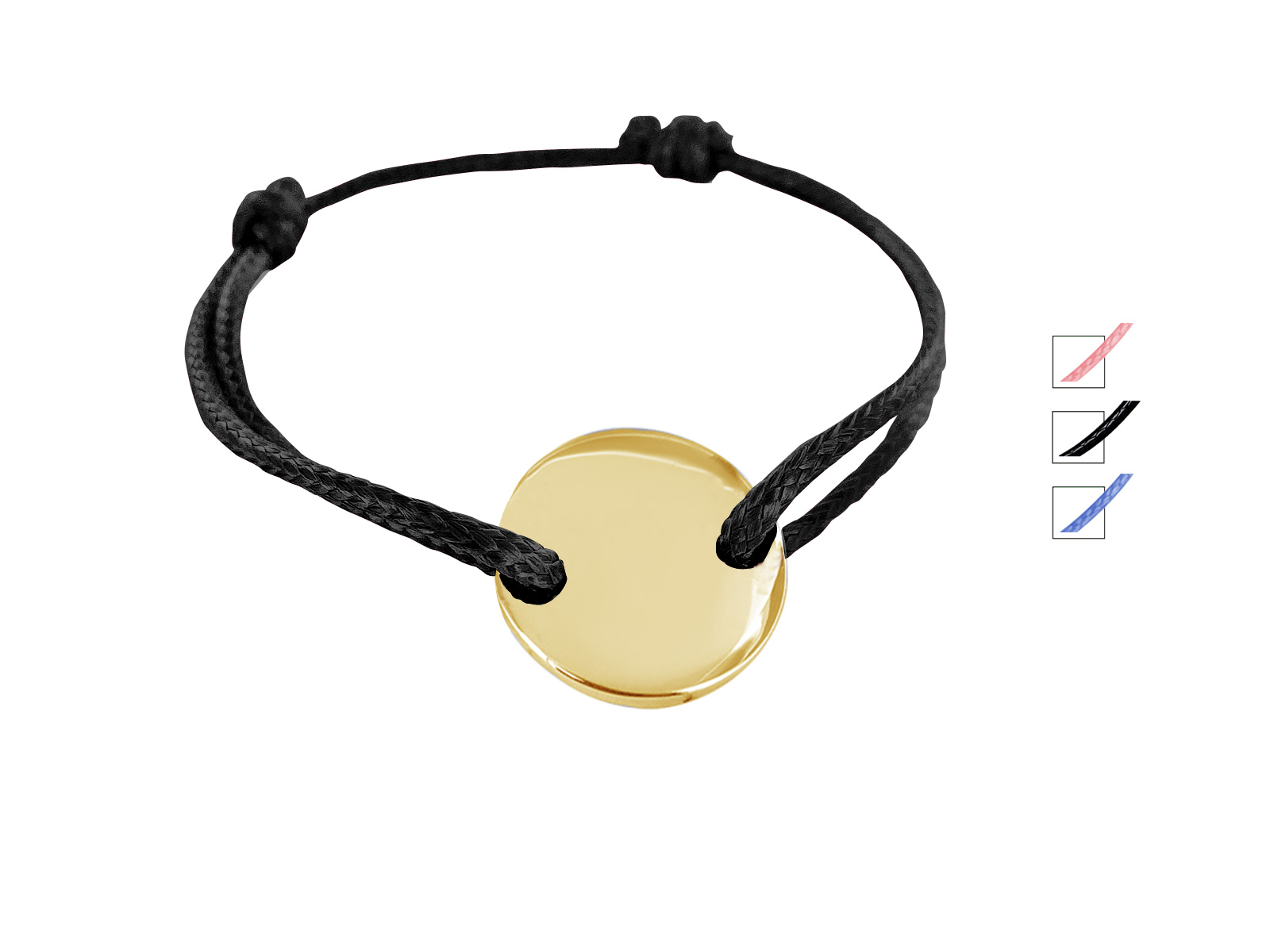 Bracelet cordon noir ajustable avec médaille ronde en acier inoxydable doré  à personnaliser - Bijoux de Mode